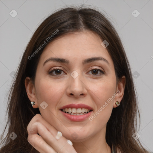 Joyful white young-adult female with medium  brown hair and brown eyes