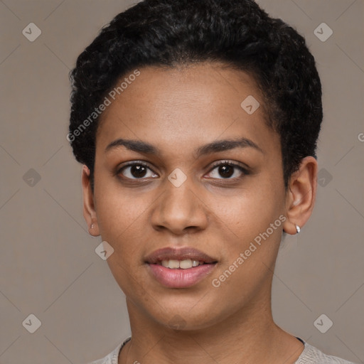 Joyful latino young-adult female with short  black hair and brown eyes