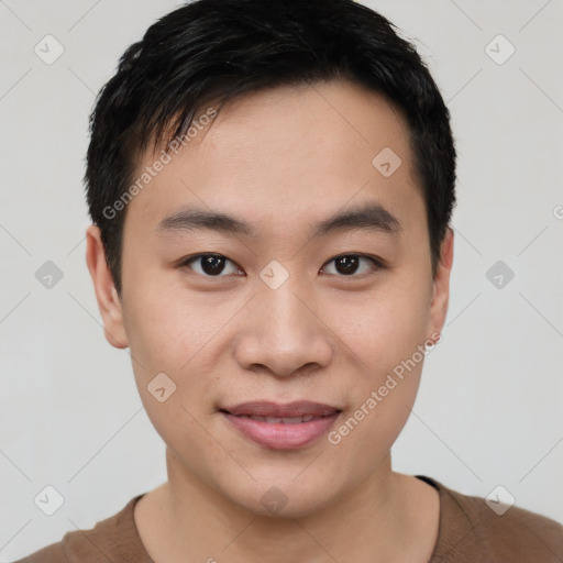 Joyful white young-adult male with short  black hair and brown eyes