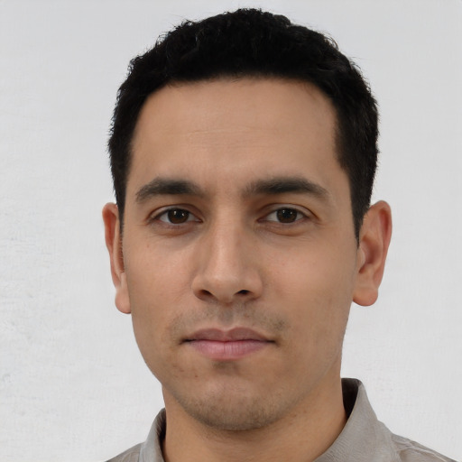 Neutral asian young-adult male with short  black hair and brown eyes
