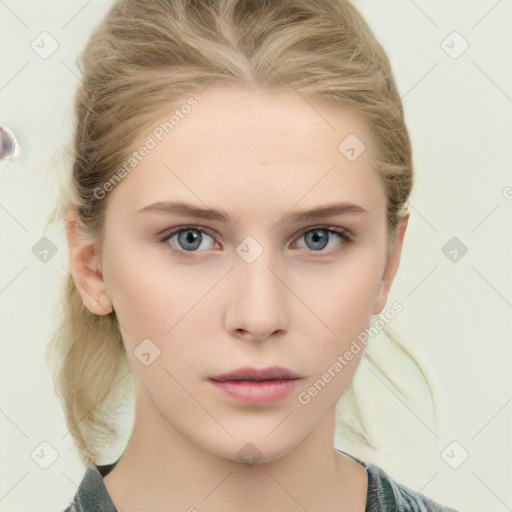 Neutral white young-adult female with medium  brown hair and blue eyes