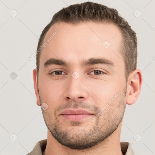 Neutral white young-adult male with short  brown hair and brown eyes