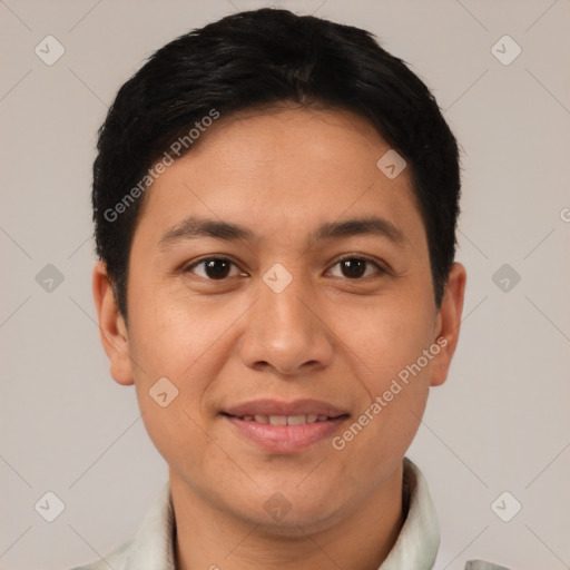 Joyful asian young-adult male with short  brown hair and brown eyes