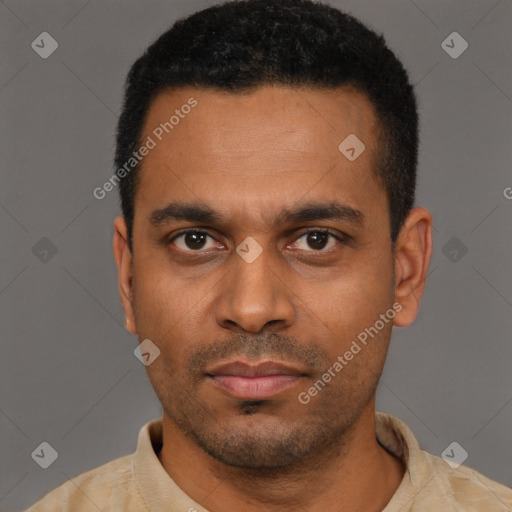 Neutral black young-adult male with short  black hair and brown eyes