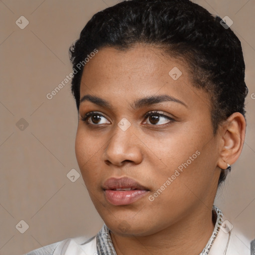 Neutral latino young-adult female with short  black hair and brown eyes