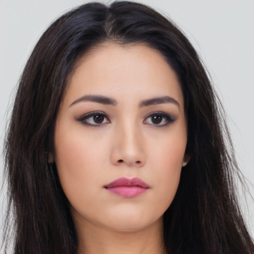 Neutral asian young-adult female with long  brown hair and brown eyes