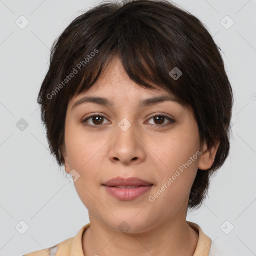 Neutral white young-adult female with medium  brown hair and brown eyes