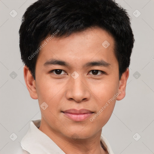 Joyful asian young-adult male with short  brown hair and brown eyes