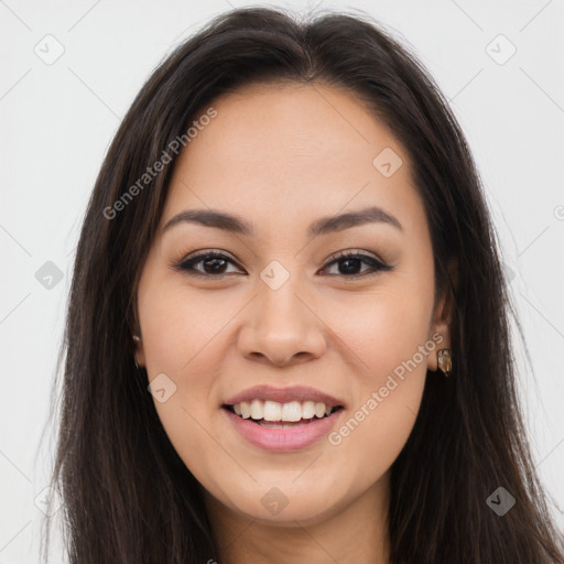 Joyful white young-adult female with long  brown hair and brown eyes