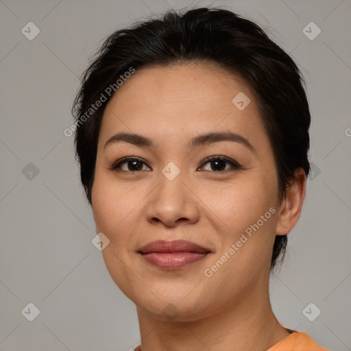 Joyful white young-adult female with medium  brown hair and brown eyes