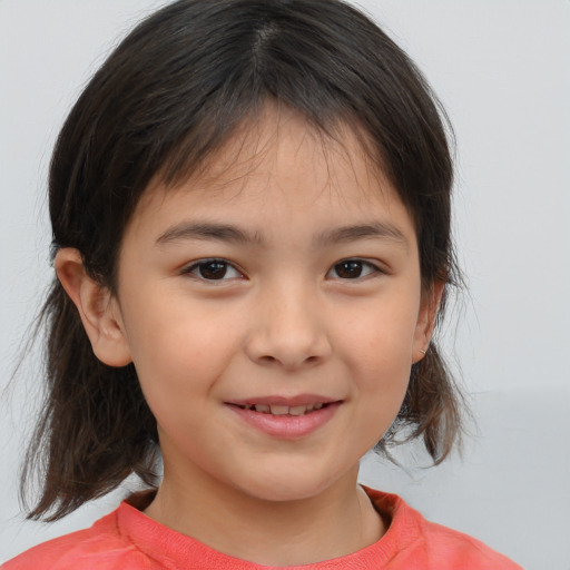 Joyful white child female with medium  brown hair and brown eyes