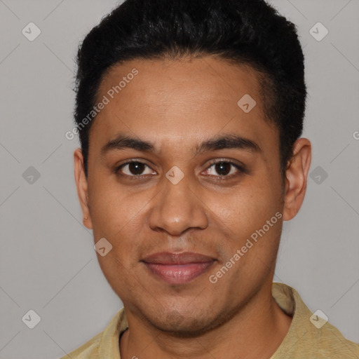 Joyful latino young-adult male with short  brown hair and brown eyes