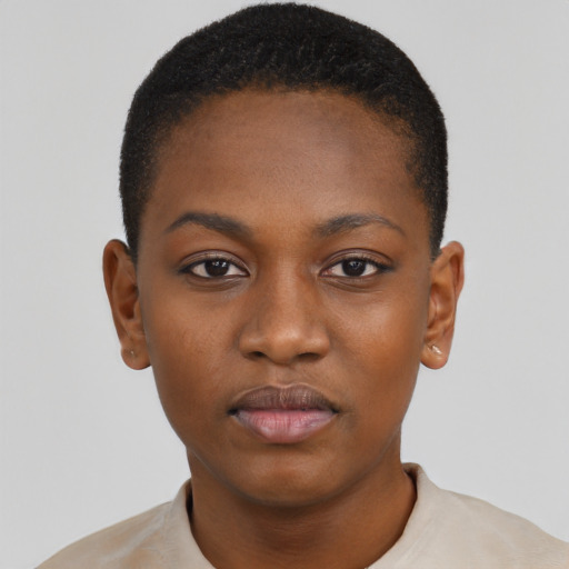 Neutral black young-adult female with short  black hair and brown eyes