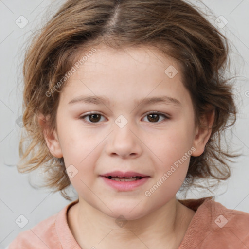 Joyful white child female with medium  brown hair and brown eyes