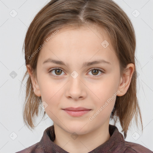 Joyful white child female with medium  brown hair and brown eyes