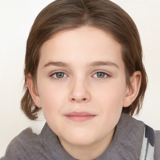 Joyful white child female with medium  brown hair and grey eyes