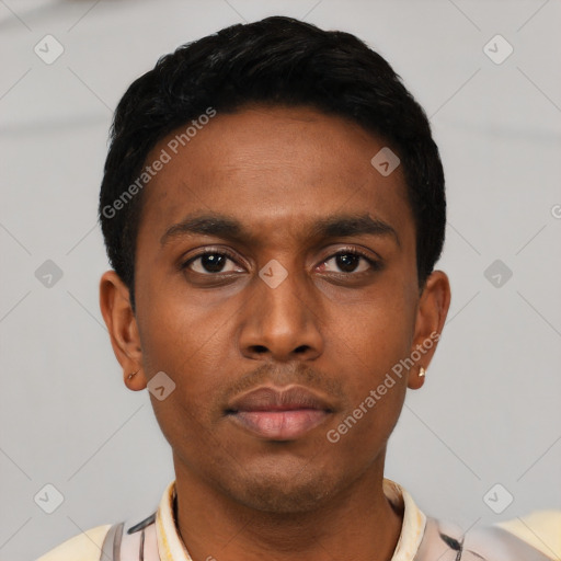 Neutral latino young-adult male with short  black hair and brown eyes