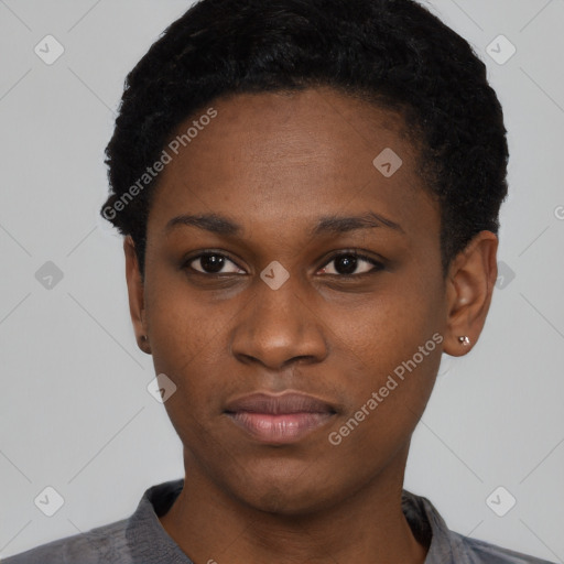 Neutral black young-adult female with short  black hair and brown eyes