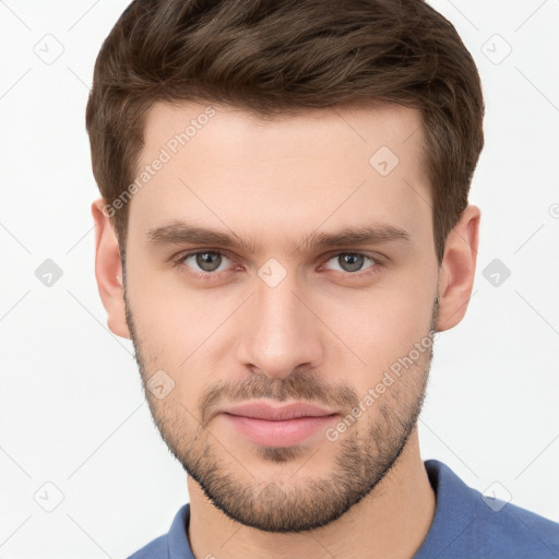 Neutral white young-adult male with short  brown hair and grey eyes