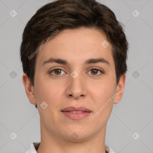 Joyful white young-adult female with short  brown hair and brown eyes