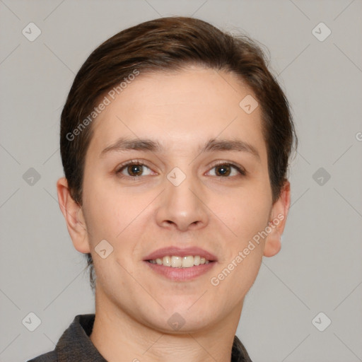 Joyful white young-adult female with short  brown hair and brown eyes