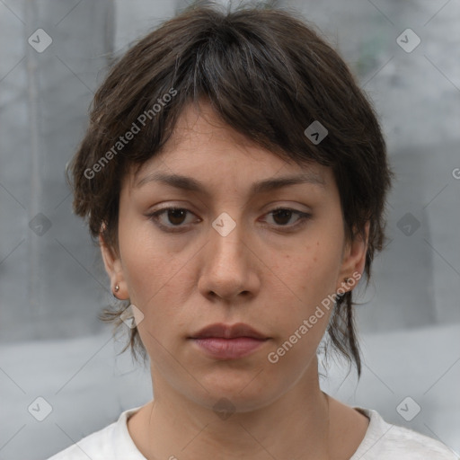 Neutral white young-adult female with medium  brown hair and brown eyes