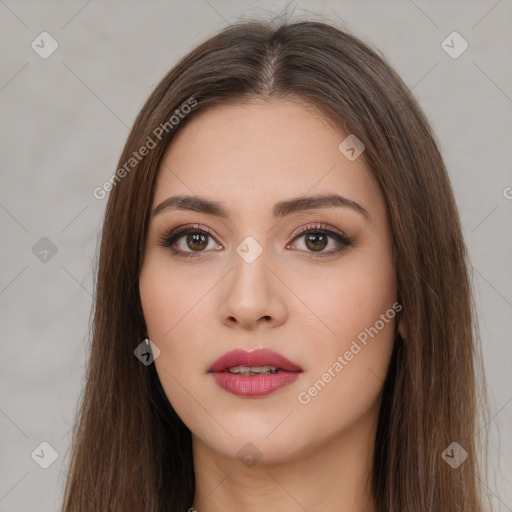 Neutral white young-adult female with long  brown hair and brown eyes