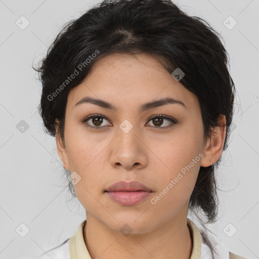 Neutral asian young-adult female with medium  brown hair and brown eyes