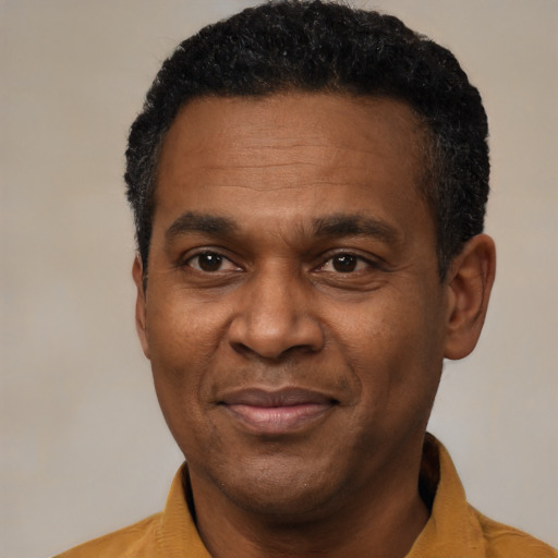 Joyful black adult male with short  black hair and brown eyes
