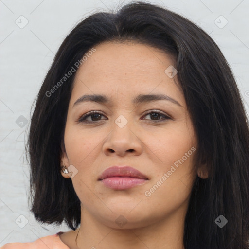 Joyful asian young-adult female with long  brown hair and brown eyes