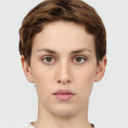 Neutral white young-adult female with short  brown hair and brown eyes