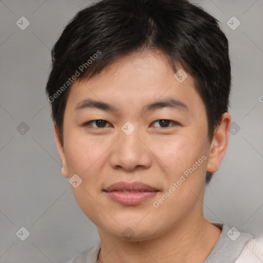 Joyful asian young-adult female with short  brown hair and brown eyes