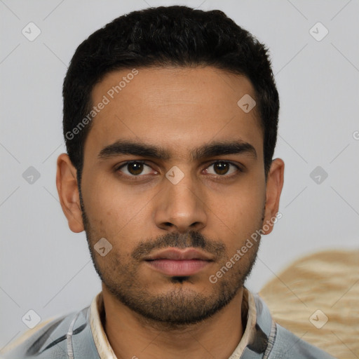 Neutral latino young-adult male with short  black hair and brown eyes