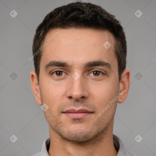 Neutral white young-adult male with short  brown hair and brown eyes