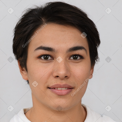 Joyful asian young-adult female with short  brown hair and brown eyes