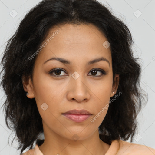 Neutral asian young-adult female with medium  brown hair and brown eyes