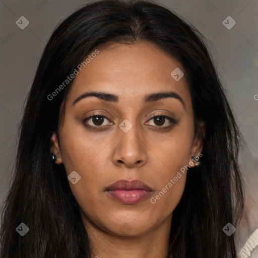 Joyful asian young-adult female with long  brown hair and brown eyes