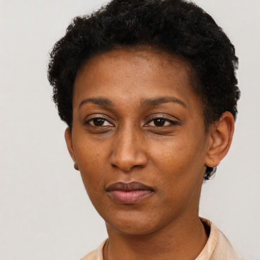 Neutral latino adult female with short  black hair and brown eyes