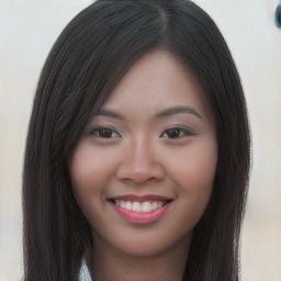 Joyful asian young-adult female with long  brown hair and brown eyes