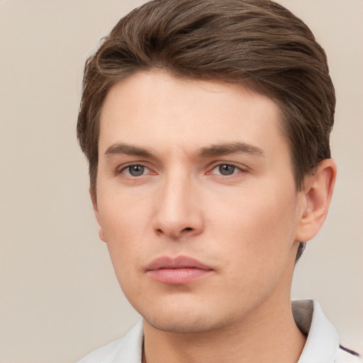 Neutral white young-adult male with short  brown hair and brown eyes