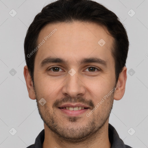 Joyful white young-adult male with short  brown hair and brown eyes