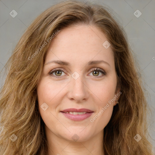 Joyful white young-adult female with long  brown hair and green eyes