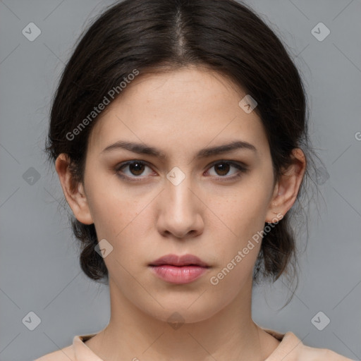 Neutral white young-adult female with medium  brown hair and brown eyes