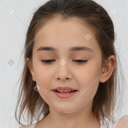 Joyful white child female with medium  brown hair and brown eyes