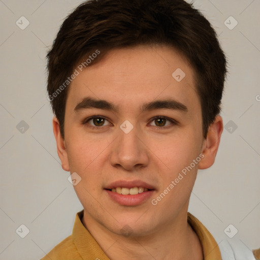 Joyful white young-adult male with short  brown hair and brown eyes