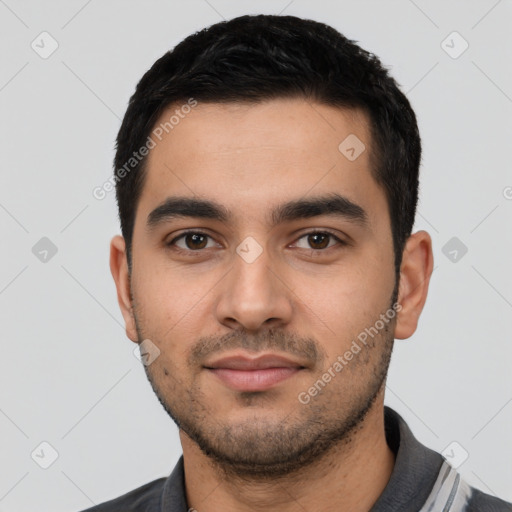 Neutral latino young-adult male with short  black hair and brown eyes