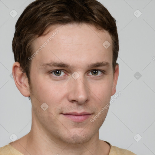 Neutral white young-adult male with short  brown hair and grey eyes