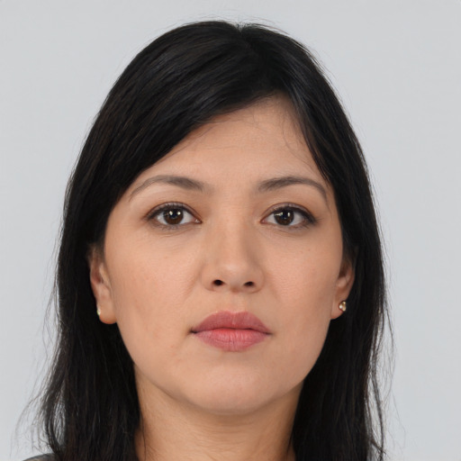 Neutral asian young-adult female with long  brown hair and brown eyes