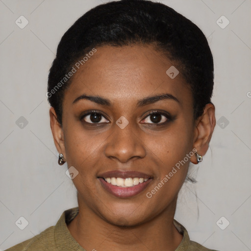 Joyful latino young-adult female with short  black hair and brown eyes