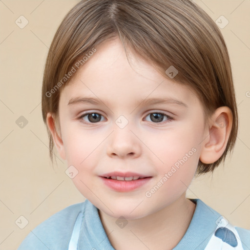 Joyful white child female with medium  brown hair and brown eyes